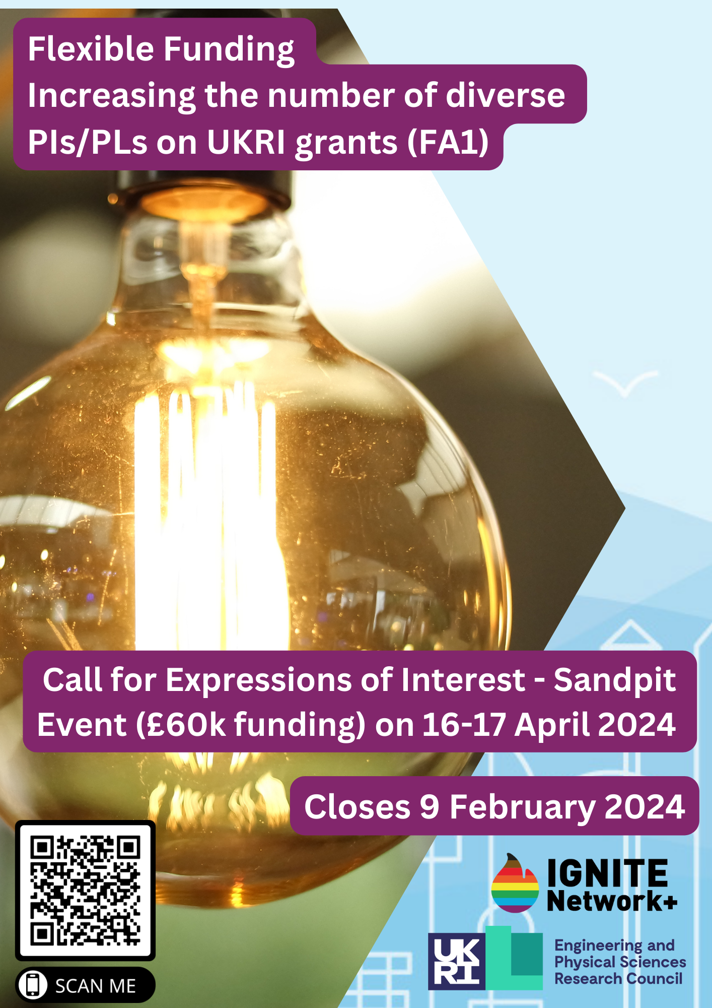 Flexible Funding Increasing the number of diverse PIs/PLs on UKRI grants (FA1) Call for Expressions of Interest to attend a Sandpit Event 16 and 17 April 2024. Closes 9 February 2024